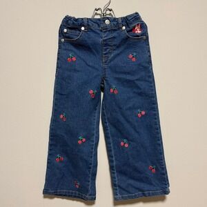 Disney Minnie Mouse Girls Blue Cherry Embroidered Wide Leg Jeans Size 5